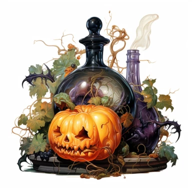 an svg vector clipart image of a Halloween still life oil painting inside an organic shape, Thomas Kincade style, hyper realistic, plain white background