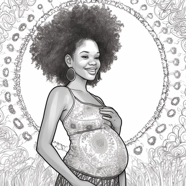 coloring page . Beautiful black woman .pregnant baby bump showing , beautiful, clipart, school background, detailed, happy, glamorous