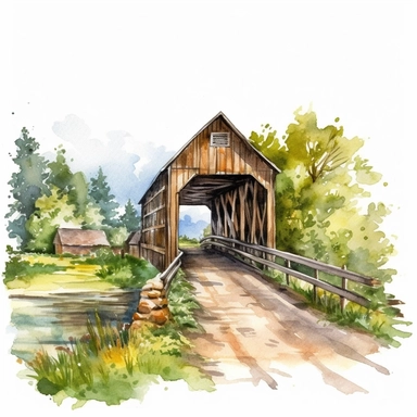 Watercolor Summer Bridge and Barn Covered Clipart, hyper realistic, detailed, stylised