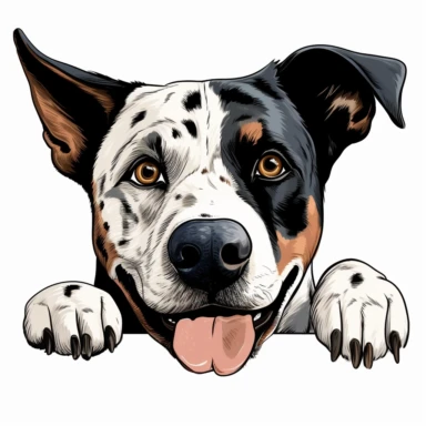 a color drawing of a smiling full face and neck Catahoula Leopard Dog dog peeking paws over a black line, white background, clipart