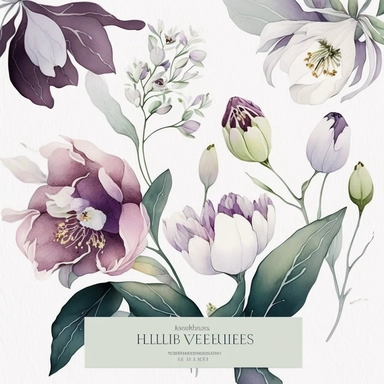 watercolor floral CLIPART, PURPLE HELLEBORES AND WHITE SPRING BLOSSOMS PREMADE BORDER, pastel pale COLORS, clipart, no background, blank space for writing, CLEAN OUTLINE, delicate and elegant, dreamy airy color, classic style, airy watery colors, with elements of GREEN LEAVES, hd, best quality, 8k, ar:3:1