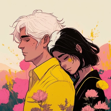 Dreamlike hyper realistic illustration of a couple in love embracing. The man has black hair. The girl is has white hair. In a field of pink and yellow flowers. Flat colors, simple lines, gorgeous lighting, graphic novel style, 2d painting, ink painting style, digital art, childrens character design, happy mood, pixar style cartoon, line work, minimalist, watercolor, 8k, PNG, clipart on white background, sticker style, studio ghibli vibe, studio ghibli style,