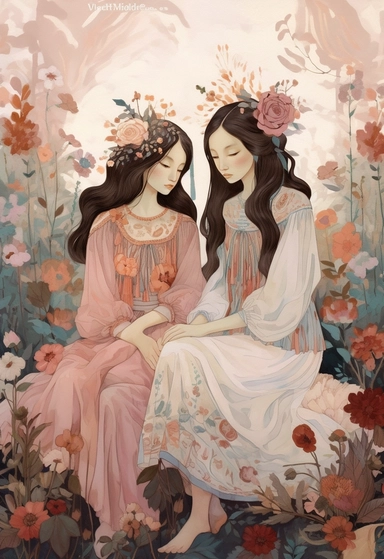colorful clipart image of illustrations including girls in dresses seated, in the style of soft, muted color palette, ethereal foliage, dark white and pink, folkloric themes, high quality photo, mural painting, moyoco anno