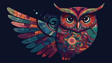 Animated gradients morphing into a vector clipart of an owl, with intricate patterns and decorative elements inspired by various cultures and art styles, combining traditional motifs with a modern twist, Ethnic Art Fusion, using a combination of geometric shapes, intricate linework, and vibrant colors to create a visually rich and culturally diverse owl design,