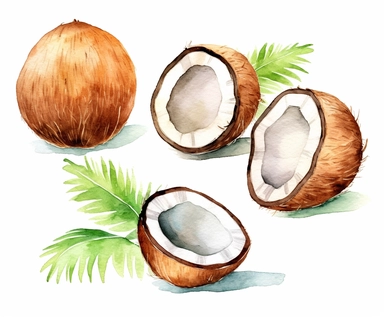 watercolor four coconut clipart, flat style, no volume, few details, washed out, minimalistic style, very lose details, very light colors, transparent colors, light airy hues and pastel tones, spaced out, white background, washed out colors and paint, hand-painted watercolor, watercolor paper with visible rough paper texture, a variety of watercolor brushes, do not cross workspace borders, rough watercolor paper texture on top