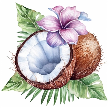 Pastel Cute Beautiful Hawaii Coconut tropical flower Watercolor Sublimation Clipart,Cartoon, hyper realistic, intricate detail, illustration style,high solution,on the white background