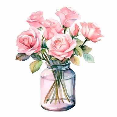 watercolor 30 tiny pink Roses in a Glass Vase clipart