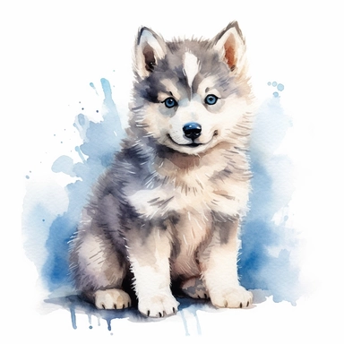 full perspective watercolor fluffy husky puppy clipart, on a white background