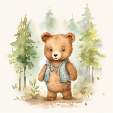 little baby, brown bear,neutral nursery art,summer outfit,cute bear, Baby attire,intricate,disney, baby light green,baby light blue, baby light ocher,hairy, cotton, beautiful trees,enchanted Forest,realism, watercolor painting, spring enchanted Forest, solid background, white background, vintage outfit, oil painting, photobashing, tattoo design,clipart--v 5