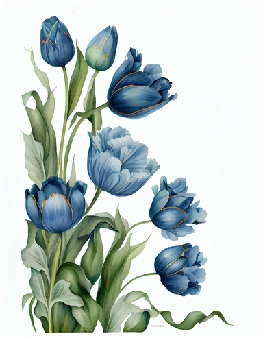 detailed watercolor blue tulip corner border , isolated on white background, realistic, clipart