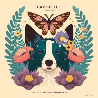 Tshirt vector graphic art of a border collie dog wearing flower crown, very detailed, flat graphic design, magical, firefly, butterfly, fairycore, plants, vintage colors, rural life, wild flowers, Mushroom, Forest, cottagecore aesthetic, clean lines, sticker, vector image, clipart, white backgound,