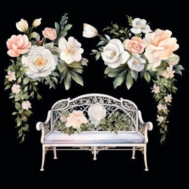 a set of unique EFFERVESCENT watercolor-style clip art images of white garden bench against a black background, The overall mood of the images should be a fantasy floral wonderland, with a focus on the beauty and fantasy of gardening and beauty, and the elegance of blush roses and whimsical designs. single design clip art, think French garden in the springtime, watercolor blush rose Garden Clipart, in the style of Leonid Afremov, each image must be on a black background with margins, each image 