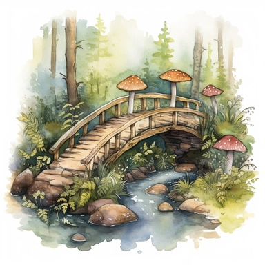 Illustrate a watercolor bridge crossing a gentle forest stream, decorated with enchanted forest elements such as mushrooms, ferns, and moss-covered logs. This design can be incorporated into various clipart compositions or used as a standalone element for
