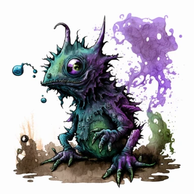 ink wash cute creature clipart on transparent background, rodney matthews style, no splash, black inky blue purple violet green, single sheet, 4k