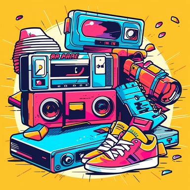 A retro clipart graphic with images of cassette tapes, floppy disks, roller skates, neon clothing, and a boombox