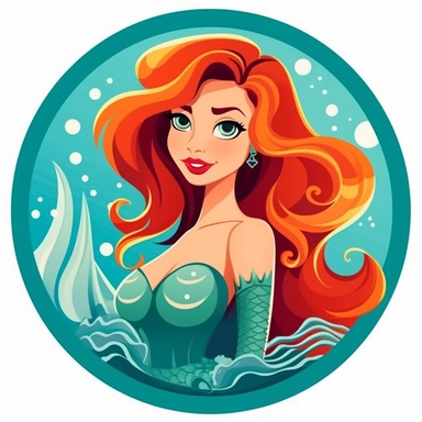 Create a vector clipart that emulates the Disney art style, showcasing a mermaid akin to Ariel from 'The Little Mermaid.' The mermaid should bear a stylish and dynamic design, complete with a vibrant, colorful mermaid tail. An emblem should be woven into the design, retaining harmony with the overall look while maintaining prominence, flowers, fish
