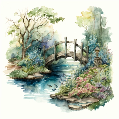 The spring bridge illustration is a colorful watercolor artwork depicting a picturesque garden scene during the summertime. The bridge itself is a rustic wooden structure with arched beams and railings, spanning over a babbling brook. The water is depicted in shades of blue and green, with watercolor drops adding a sense of motion and fluidity. The garden surrounding the bridge is bursting with vibrant summer flowers in shades of pink, purple, yellow, and orange. The flowers are painted in a loo