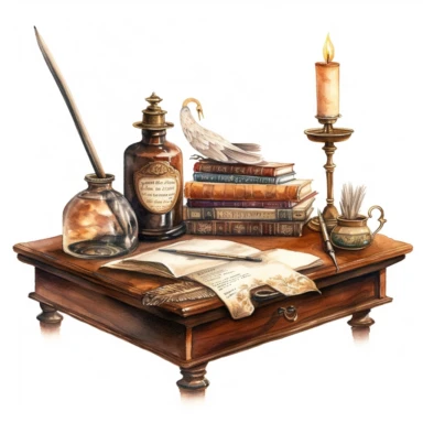 watercolor, hyper realistic, white background, white margins, 16k, ultra detailed clipart, cut out image, hand-drawn, whimsical a vintage quill pen and inkwell set on a wooden writing desk, surrounded by books and a candlestick holder, with warm hues of brown and sepia.