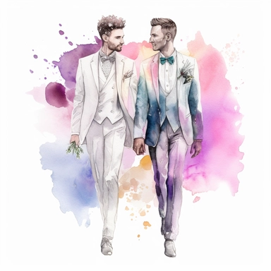 phantasmal iridescent, vintage gay wedding male couple, half body, watercolor clipart, pure white background, sharp details and ultra HD