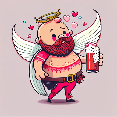 anthropomorphic bearded beer belly man with fairy wings, Beer Cupid, red and pink, cartoon doodle, funny, cute, valentines day art, no words, vector clip art, detailed lines, plain background