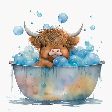 watercolor clipart cute brown baby highland cow with horns in bathtub blue balloons