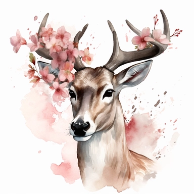 Deer portrait, pink magnolia flowers on a large antler, watercolor, clipart, illustration no background