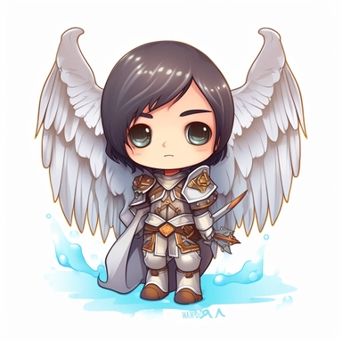 kawaii cute boy, angel knight, tiny chibi body with armor and halo crown, armor wings, super long cape, smerk, clipart, sticker, retrowave style, no background, hd