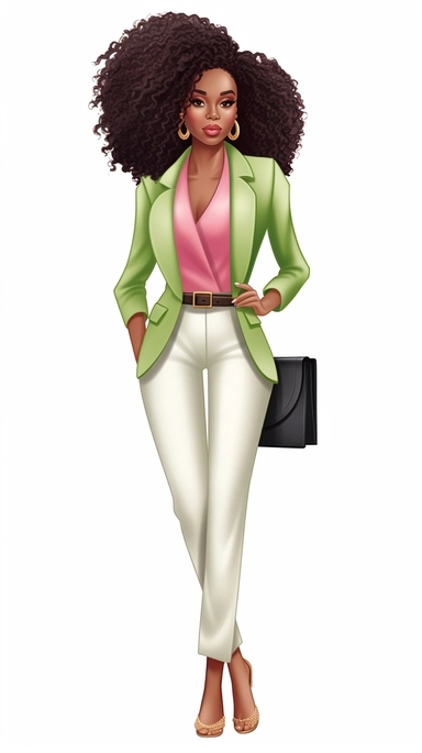 full body stylish African American woman clip art wearing salmon pink and apple green suit and heels, medium curly hair, white background