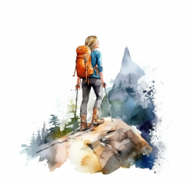 watercolor hiking girl on mountain clipart, isolated on white background