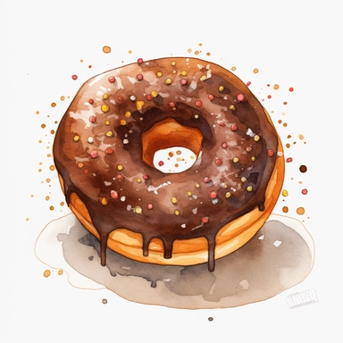 simplified clipart of a chocolate donut with sprinkles, no lines, no outlines, clipart, cartoon, minimalist, computer vector graphic design clip art, watercolor illustration clipart, watercolour clipart, watercolor illustration for kids and children, book illustration, print on demand image, PNG tranparent background
