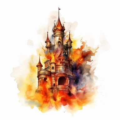 watercolor fire Castle, flame around, detailed, hd, clipart