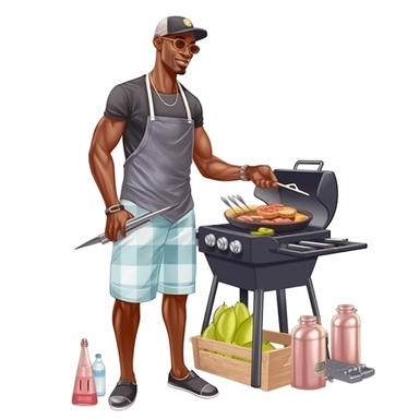 a 3D unrealistic image of a black man cooking on an outdoor grill dressed in summer clothes clipart, graphic vector, isolated on white background