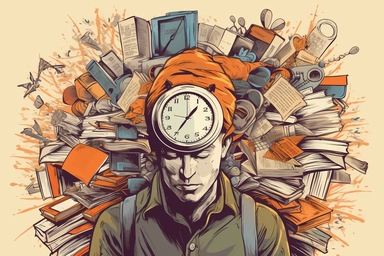 Tired man with a stack of books, chaos of papers and clock on his head, concept of time management, baggage of knowledge, overwork, cyber hygiene, contemporary art collage, vector, clip art