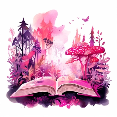 pink watercolour image of magical forest coming out of a book clipart, vector image