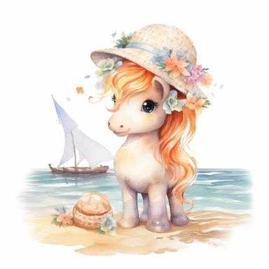 A fairytale style cute fairy baby horse wearing big sun hat at the beach with watercolor effect,suitable for digital clipart,white background,magical twinkles,magical scene,fairy soft colors ,summer vibes