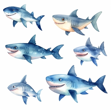 watercolor set of baby shark clipart, white background, HD, Color