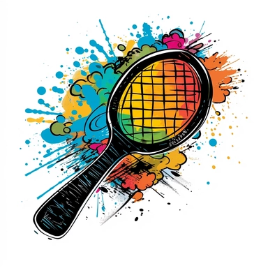 Picture an illustrated clip art of a lively pickleball racket, splashing out a series of vibrant colors from its net, expressing the energetic spirit of the sport. The design should have a cartoonish, playful vibe and a thick black outline for definition. –ar 1:1 –v 5.1 –style raw