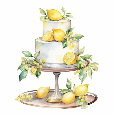 clipart watercolor wedding cake with lemons in the style of Amalfi coast