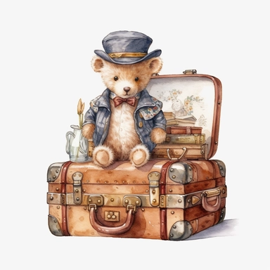 cute baby teddy bear, traveling in luxury antique train with vintage Louis Vuitton suitcases, wearing vintage traveling clothes , sublimation graphics, by Beatrix Potter, Watercolor clipart, single design, print on demand image, PNG transparent background, white background, 8k