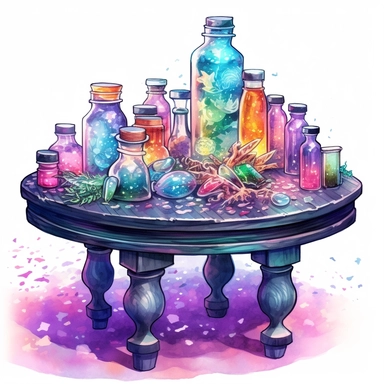discopunk rustic table covered in small potion bottles crystals and herbs, swirling color with tiny stars in the background, northern lights, isolated on white background, clipart, highly detailed