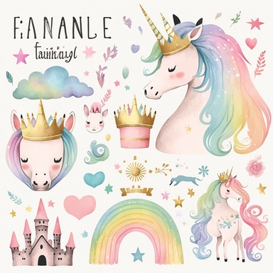 rainbow pastel unicorn, fairy, princess castle, princess crown, rainbow, plastercine, soft watercolour light, clipart svg white background