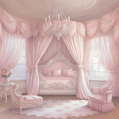 panoramic view, full view, beautiful elegant royal baby girl nursery room drawing painting, frilly, romantic, fantasy, ethereal, light pink and white colors, beautiful crib with beautiful full flowing canopy, beautiful bling crystal chandelier, soft pink teddy bear, beautiful large Victorian style window with beautiful pink flowing drapes, faux fur rug, sharp focus, high detail, 8k, illustration clipart style, transparent background