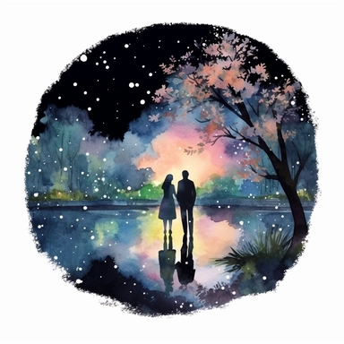 Watercolor, A couple by the river in bloom, night,clipart on black background
