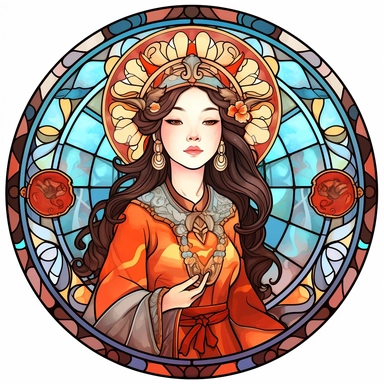 Vintage Cute Beautiful Round Stained Glass Asian Girl Sublimation Clipart, Cartoon, hyper realistic, intricate detail, illustration style, high solution, on the white background