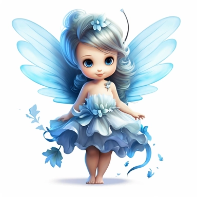 a beautiful happy baby fairy girl, blue flowered dress, blue eyes, highly detailed image, full body image, big wings, pixar style, clipart, white background,
