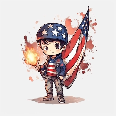 Super cute, American flag with army kid Sublimation Clipart, Cartoon funny, Cute anime, Very detailed, firework background