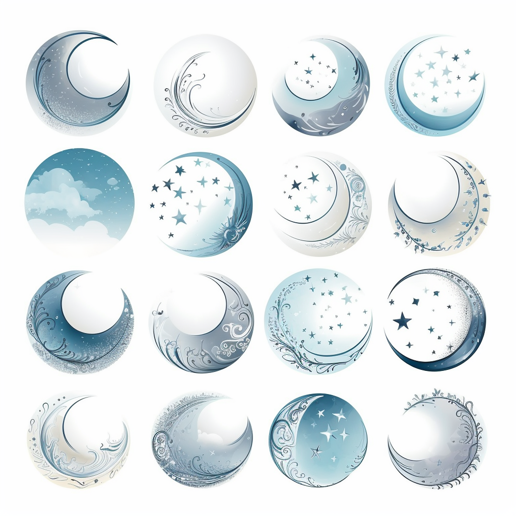 beautiful moon symbols in white, pale blue and silver, white background ...