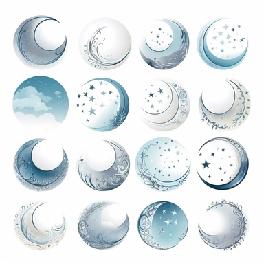 beautiful moon symbols in white, pale blue and silver, white background, vector-style, clipart collection