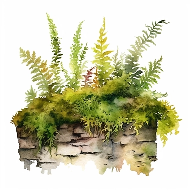 bark and moss and fern clipart watercolor