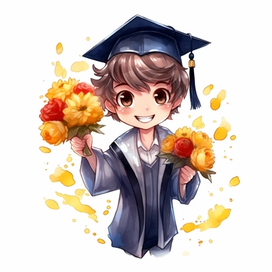 cute cartoon graduation boy with graduation flower bouquet illustration clipart, detailed, outline, white background, hd, watercolor, digital art